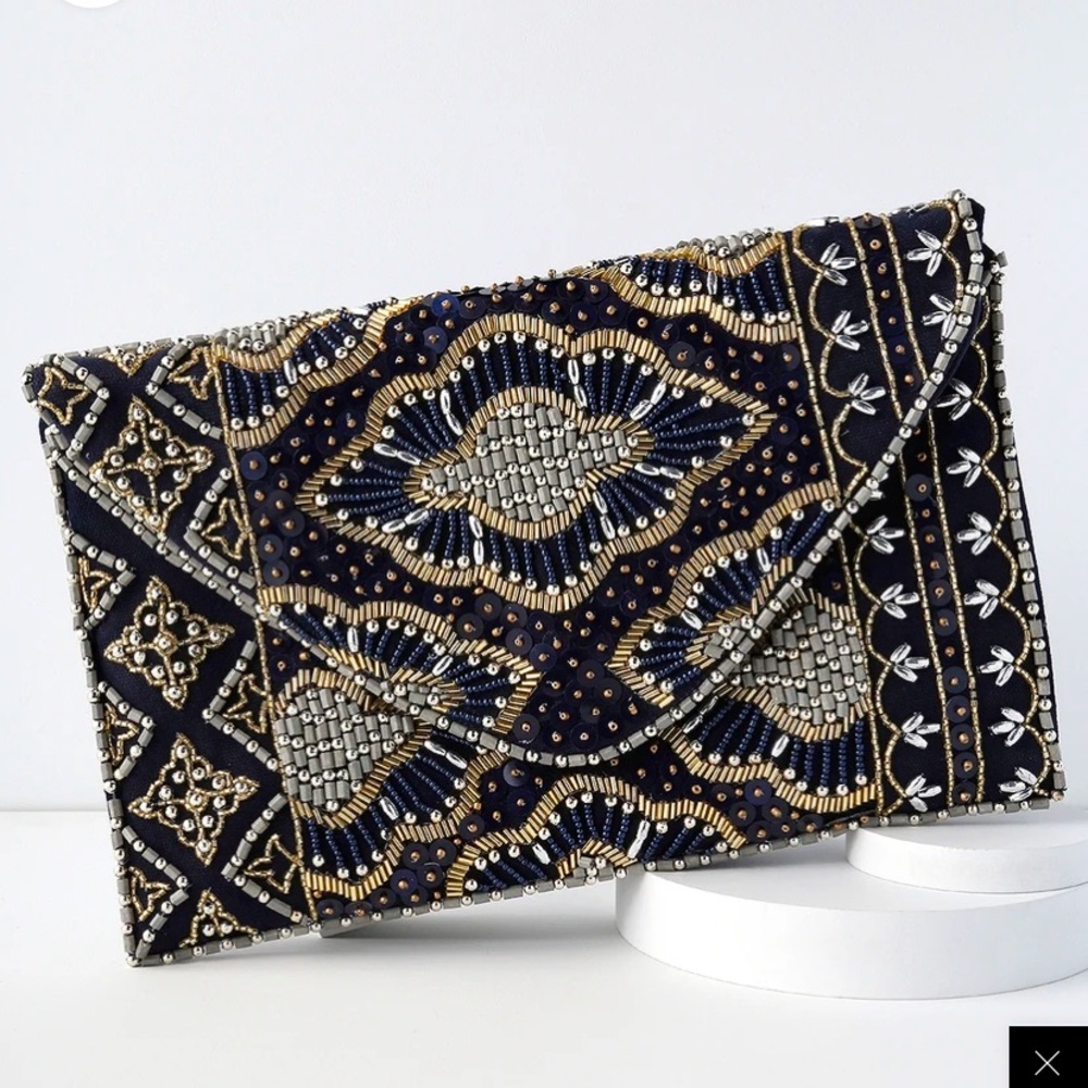 Lulus Navy Blue Beaded Clutch